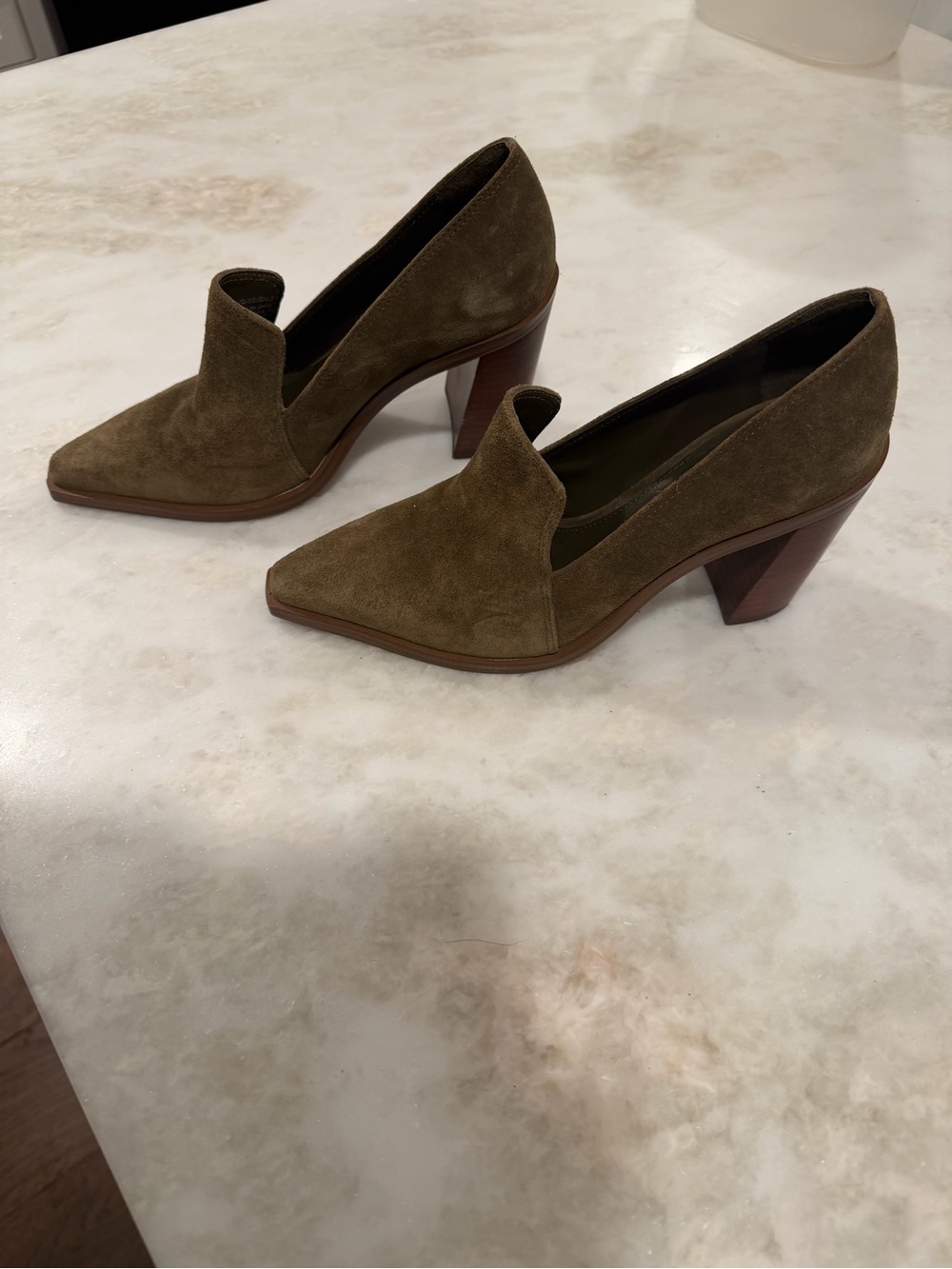 Vince Camuto Wevenly stacked heel pumps in an olive suede